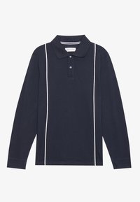 Mornarsko plava dugosleeve polo majica s dvije okomite bijele pruge sprijeda i placket sa dva dugmeta.