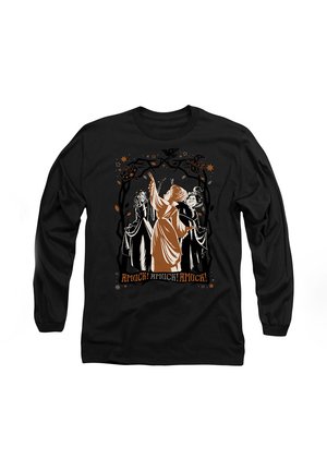 Black long-sleeve shirt featuring a graphic design of three figures in contrasting colors with the text "AMUCK! AMUCK! AMUCK!" in orange.