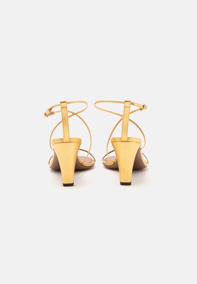 Paire de sandales à talons hauts dorées avec brides à la cheville, vues de dos sur fond blanc.