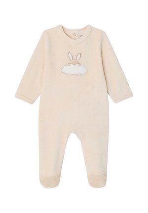 Cream-colored baby onesie with long sleeves, covered feet, and a bunny peeking over a cloud embroidered on the chest.