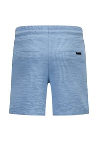 Bermuda azzurro chiaro realizzato in tessuto texturizzato, con due tasche posteriori e una cintura elastica. Include un piccolo etichetta nera del marchio.