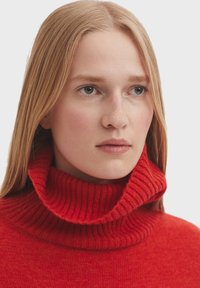 Roter Rollkragenpullover aus geripptem Stoff mit hohem, umgeschlagenem Kragen; hat eine weiche Textur und eine einfarbige Gestaltung ohne Muster oder Akzente.