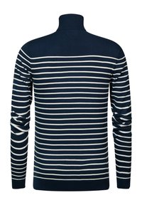 Maglione a righe blu navy e bianche con collo alto, caratterizzato da maniche lunghe e una texture a Costine. Le righe sono equidistanti lungo il tessuto.