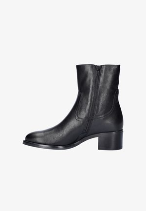 Schwarze Leder-Ankle-Boots mit seitlichem Reißverschluss, runder Spitze und Blockabsatz. Glatte Textur mit minimalen Stichdetails.