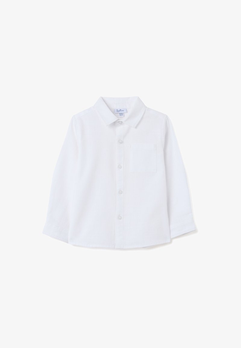 Witte lange mouwen shirt met gekraagde hals, knoopsluiting aan de voorkant en een enkele borstzak. Gemaakt van een gestructureerde, lichtgewicht stof.