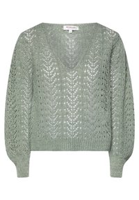 Pull vert en maille avec col en V, manches longues bouffantes et motif texturé ajouré, bordures côtelées aux ourlets et aux poignets.