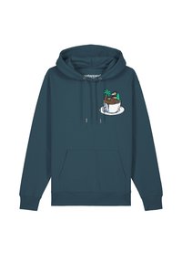 Sweat-shirt à capuche teal avec une poche avant, présentant un design brodé d'une tasse avec une plante et une montagne à l'intérieur. Matériau en mélange de coton.