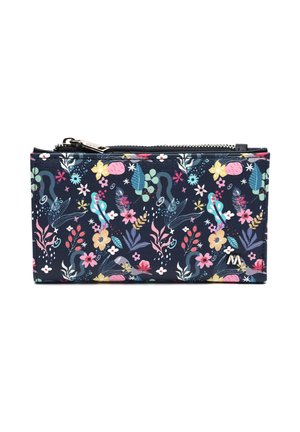 Bolsa azul marino con cremallera y patrones de flores y hojas multicolores, con un pequeño logo plateado en la esquina inferior derecha.