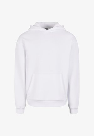Sudadera blanca con un bolsillo tipo canguro en la parte frontal, capucha con cordón, puños y dobladillo acanalados, hecha de una tela suave y texturizada. Diseño simple, sin patrones.