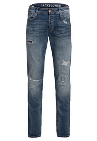 Blå slim-fit slitna jeans med framfickor, knappstängning och "Jack & Jones"-etikett på midjebandet.