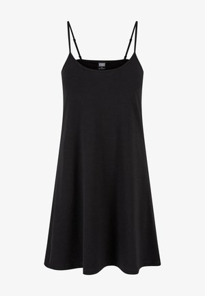 Schwarzes ärmelloses Kleid aus weicher Baumwolle. Merkmale: lässige Passform, runder Ausschnitt und dünne, verstellbare Träger. Glatte Stoffoberfläche.