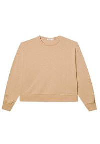 Sweatshirt cropped beige en tissu doux, avec un col rond et des manches longues à poignets élastiques. Design simple et minimaliste.