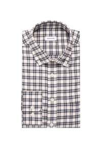 Camicia con bottoni in un motivo a quadri bianco e blu navy. Presenta un colletto classico, maniche lunghe e una tasca singola. Tessuto morbido.