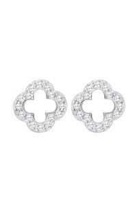 Sidabriniai auskarai, primenantys dobilus, puošti mažais, apvaliais skaidriais kristalais aplink kraštus ir su tuščiomis vidinėmis dalimis.