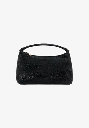 Bolso de mano negro con superficie texturizada adornada con pequeñas cuentas brillantes, forma redondeada y un asa superior. Cierre de cremallera.