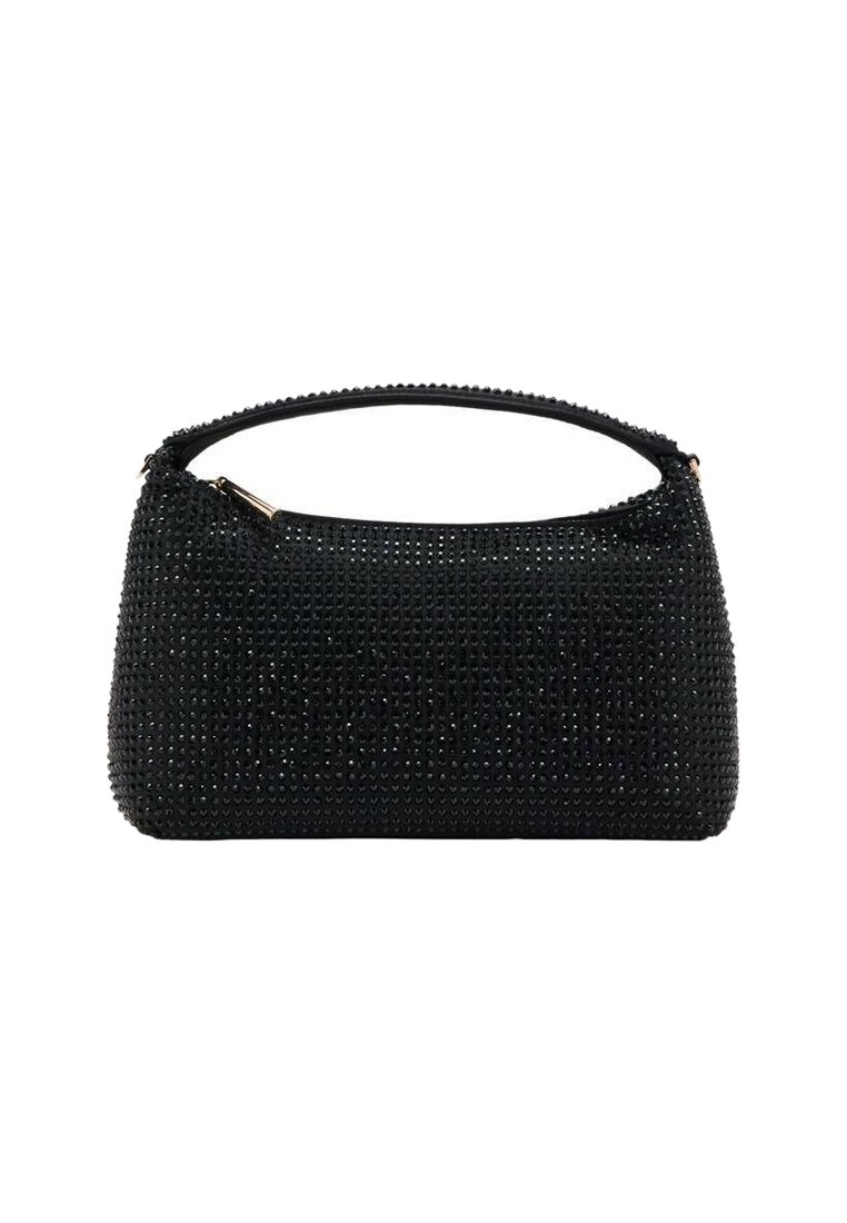 Bolso de mano negro con superficie texturizada adornada con pequeñas cuentas brillantes, forma redondeada y un asa superior. Cierre de cremallera.