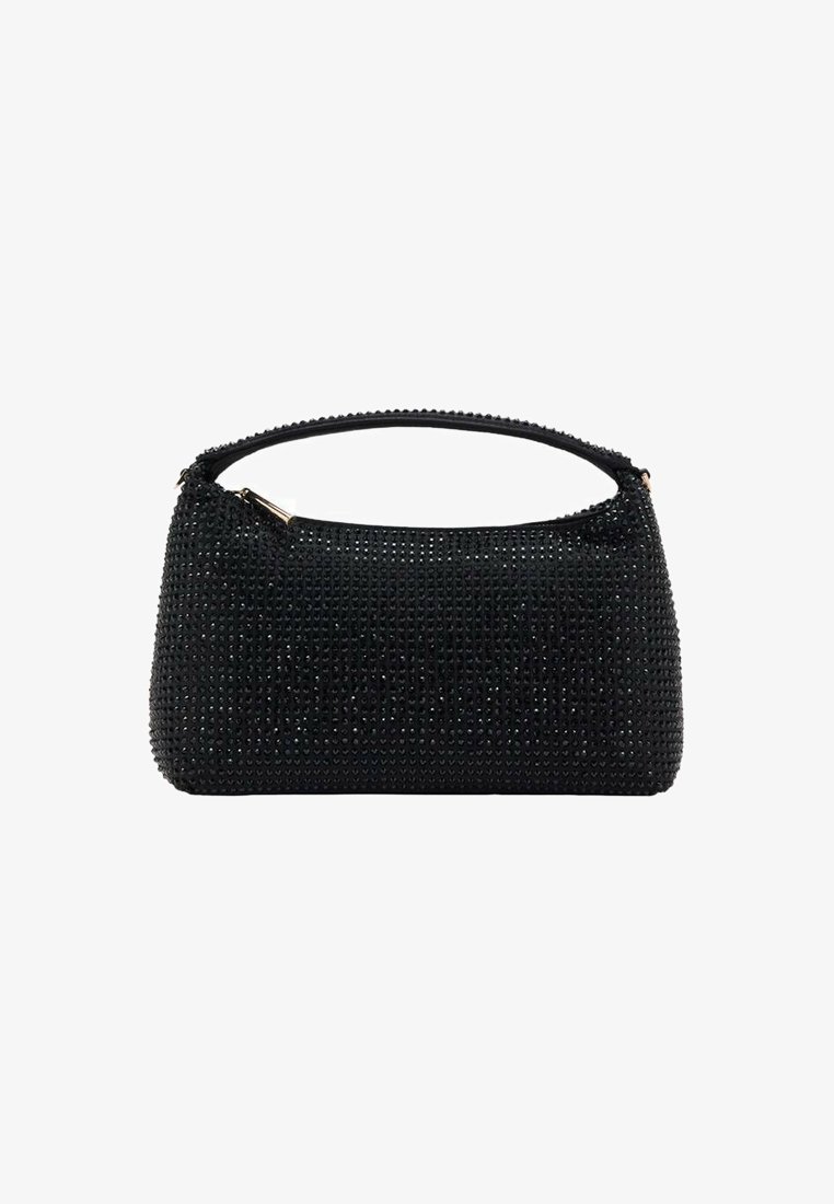 Bolso de mano negro con superficie texturizada adornada con pequeñas cuentas brillantes, forma redondeada y un asa superior. Cierre de cremallera.
