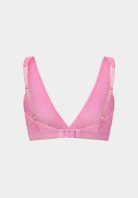 Spitzen-Bralette in leuchtendem Pink, mit tiefem V-Ausschnitt, verstellbaren Trägern und einem Haken- und Ösenverschluss auf der Rückseite. Weicher Stoff und florales Muster.