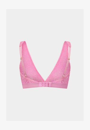 Lace bralette in vibrant pink, featuring a deep V-shape, adjustable straps, and a hook-and-eye closure at the back. Soft texture and floral pattern.