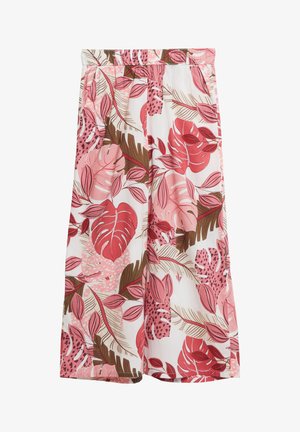 Pantalon à jambes larges avec des motifs de feuilles tropicales roses, rouges et marron sur fond blanc, avec une ceinture élastique et des poches latérales.