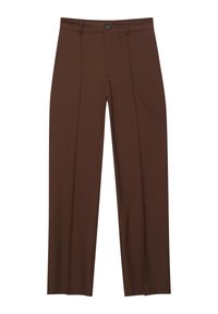 Bruine broek met een gladde textuur, voorzien van een platte voorkant, twee plooien en een knoopsluiting in de taille. Tailored fit met rechte pijpen.