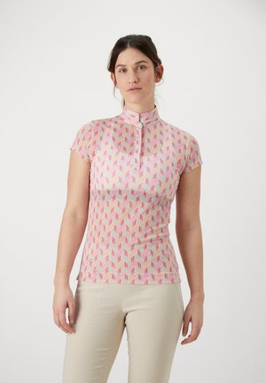 Kurzarm-Polohemd in Rosa und Creme mit geometrischem Muster. Verfügt über einen hohen Kragen und einen Reißverschluss. Figurbetontes Design mit glatter Textur.