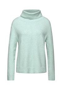 Pull à col roulé tricoté bleu clair à manches longues avec col, poignets et ourlet côtelés, présenté sur un fond blanc uni.