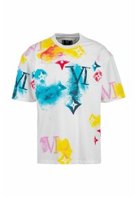 Korte mouwen witte t-shirt met kleurrijke abstracte spetters in blauw, geel, roze en rood, met herhaalde "V"-logo's in verschillende maten.
