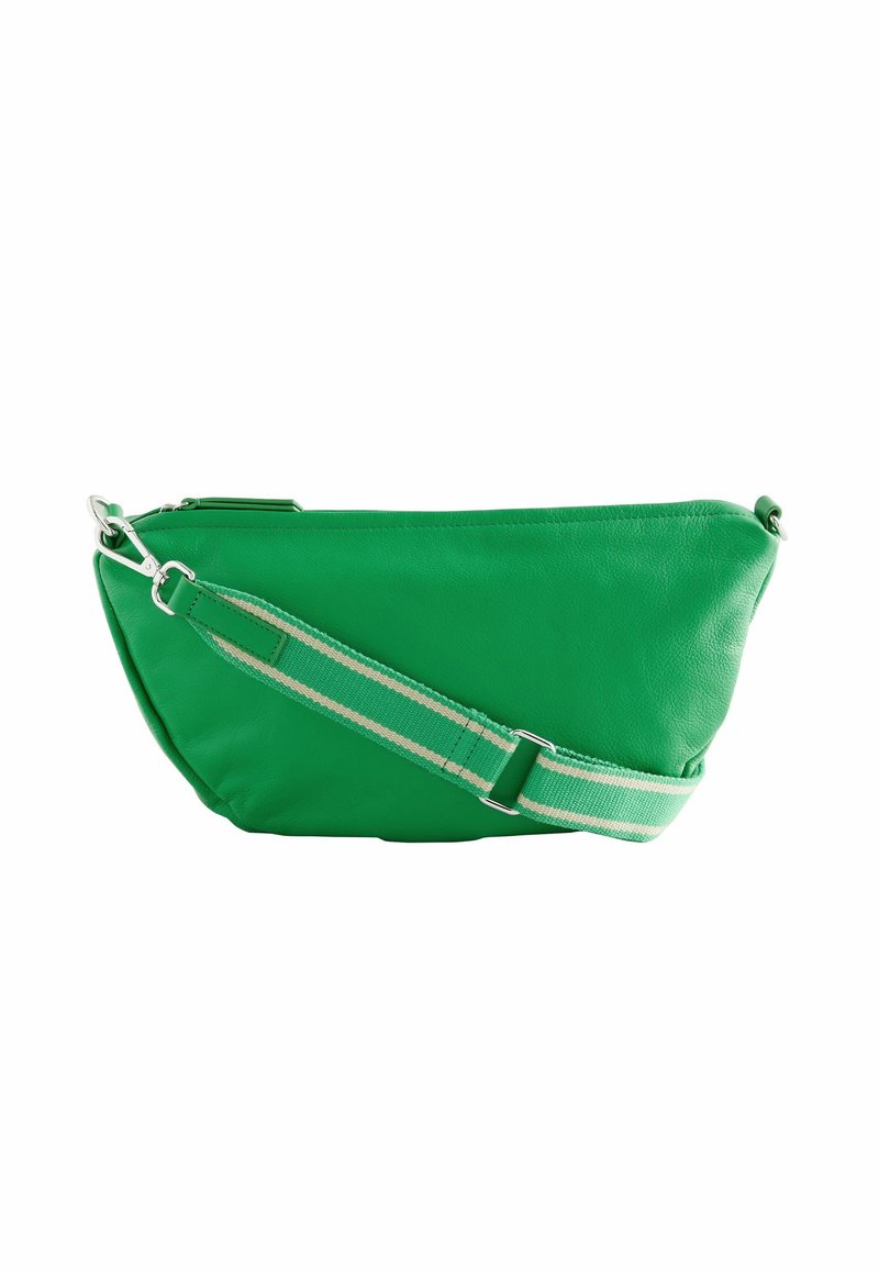 Grüne Leder-Schultertasche mit strukturiertem Design, ausgestattet mit einem leicht gestreiften, verstellbaren Schulterriemen und silberfarbigen Metallakzenten.