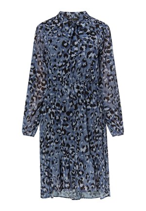 Rochie bleu cu imprimeu leopard, cu guler, mâneci lungi, detaliu cu fundiță la gât, talie elasticizată și tiv volanat. Material u�șor.