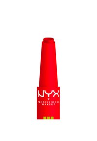 Red NYX Professional Makeup lipstick tube with pointed cap against a white background.