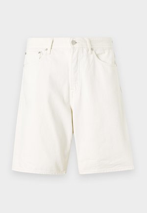 Hvide denim shorts med lige snit, som har bæltestropper, lynlåsgylpter og to forlommer. Glat tekstur og enkelt design.