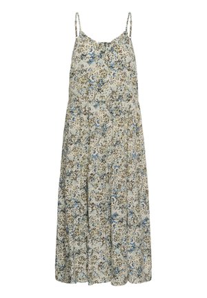 Ärmelloses Midikleid mit dünnen Trägern, das einen leichten Blumenprint in Blau, Braun und Beige auf einem cremefarbenen Hintergrund zeigt.