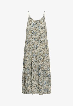 Ärmelloses Midikleid mit dünnen Trägern, das einen leichten Blumenprint in Blau, Braun und Beige auf einem cremefarbenen Hintergrund zeigt.