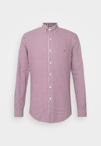Red and white checkered long-sleeve shirt with a button-down collar, featuring a small logo on the chest and a classic fit design.