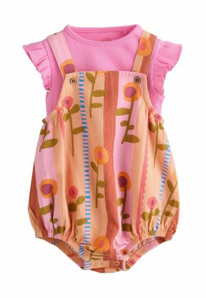 Pink baby romper with short ruffled sleeves and floral patterned overalls in shades of orange, pink, and green with button closures.