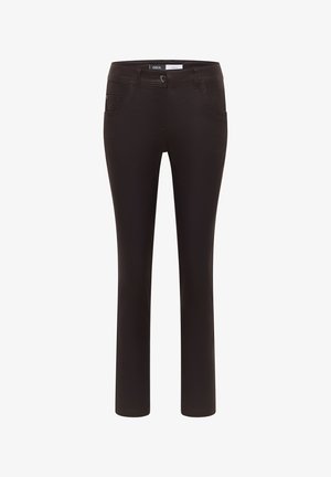 Pantaloni neri con vestibilità slim, realizzati in un tessuto morbido e elasticizzato. Presentano una chiusura con bottone, passanti per cintura e tasche frontali.