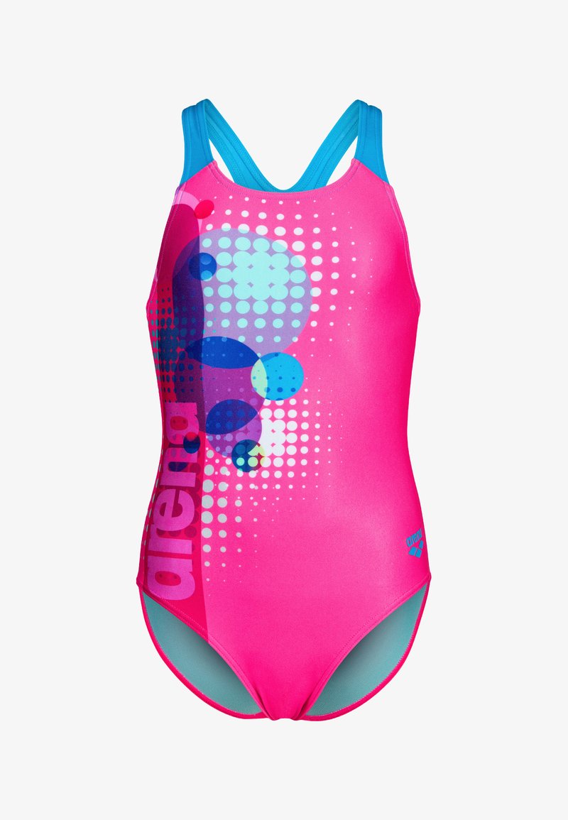 Rosa baddräkt med flerfärgat prickmönster, blå detaljer och racerback-band. Tillverkad av slät, stretchig tyg.