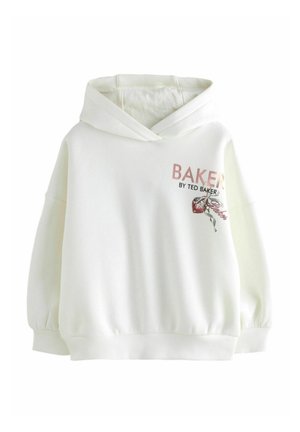 Biela bavlnená mikina s veľkou klokankovou kapsou, rebrovanými manžetami a nápisom "BAKER BY TED BAKER" s kvetinovým grafickým dizajnom.