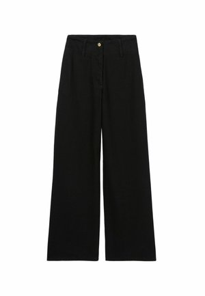 Pantalon noir à jambes larges avec passants de ceinture, bouton devant et fermeture éclair, présenté sur fond blanc.