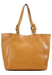 Hořčicově žlutá kožená taška přes rameno s hladkou texturou, dvojitými ramenními popruhy, stříbrnými kovovými doplňky a kontrastní černou stehací výšivkou.