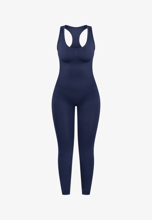 Navyblauwe naadloze eenpiece dames sportoveralls met racerback en aansluitende leggings.
