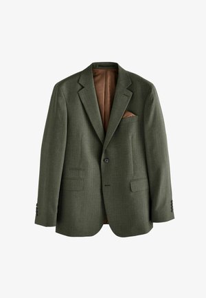 Olive green blazer with a textured surface, two front pockets, a chest pocket with a brown accent, and a brown satin lining.