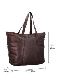Große dunkelbraune Ledertasche mit zwei langen Henkeln, rechteckige Form, 45 cm hoch, 40 cm breit, 18 cm tief.