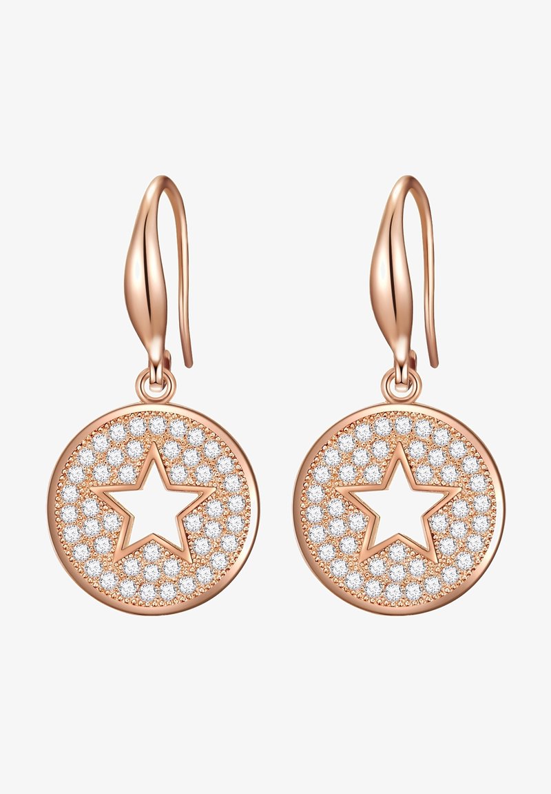 Pendientes de gota de oro rosa que presentan pendientes circulares adornados con un diseño de estrella, embellecidos con numerosos cristales transparentes que aportan brillo.