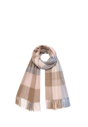 Soft wool scarf with fringed ends, featuring a large plaid pattern in beige, pink, blue, and cream tones, folded in a loop.