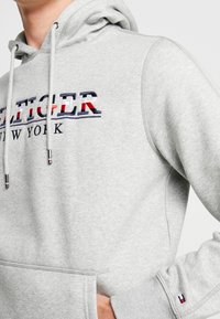 Felpa grigia chiara con "TOMMY HILFIGER NEW YORK" ricamato sul petto in blu navy, bianco e rosso, indossata da una persona con la mano in tasca.