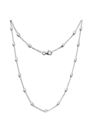 Silver chain necklace with round links and decorative bead accents, featuring a secure lobster clasp. Smooth, shiny surface and delicate design.