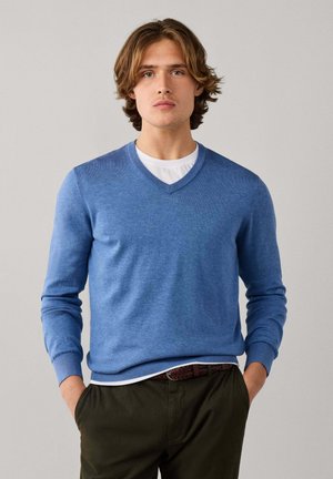 Young man with medium-length hair wearing a blue V-neck sweater over a white shirt and dark pants, standing with hands in pockets.