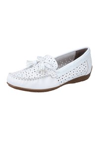 Mocassin en cuir blanc avec un design perforé, un gland décoratif, des détails brodés et une semelle en caoutchouc. Convient pour un usage décontracté.